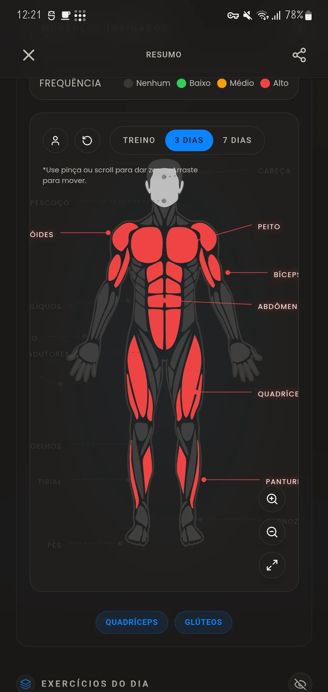 Mapa anatomico 3D com musculos treinados